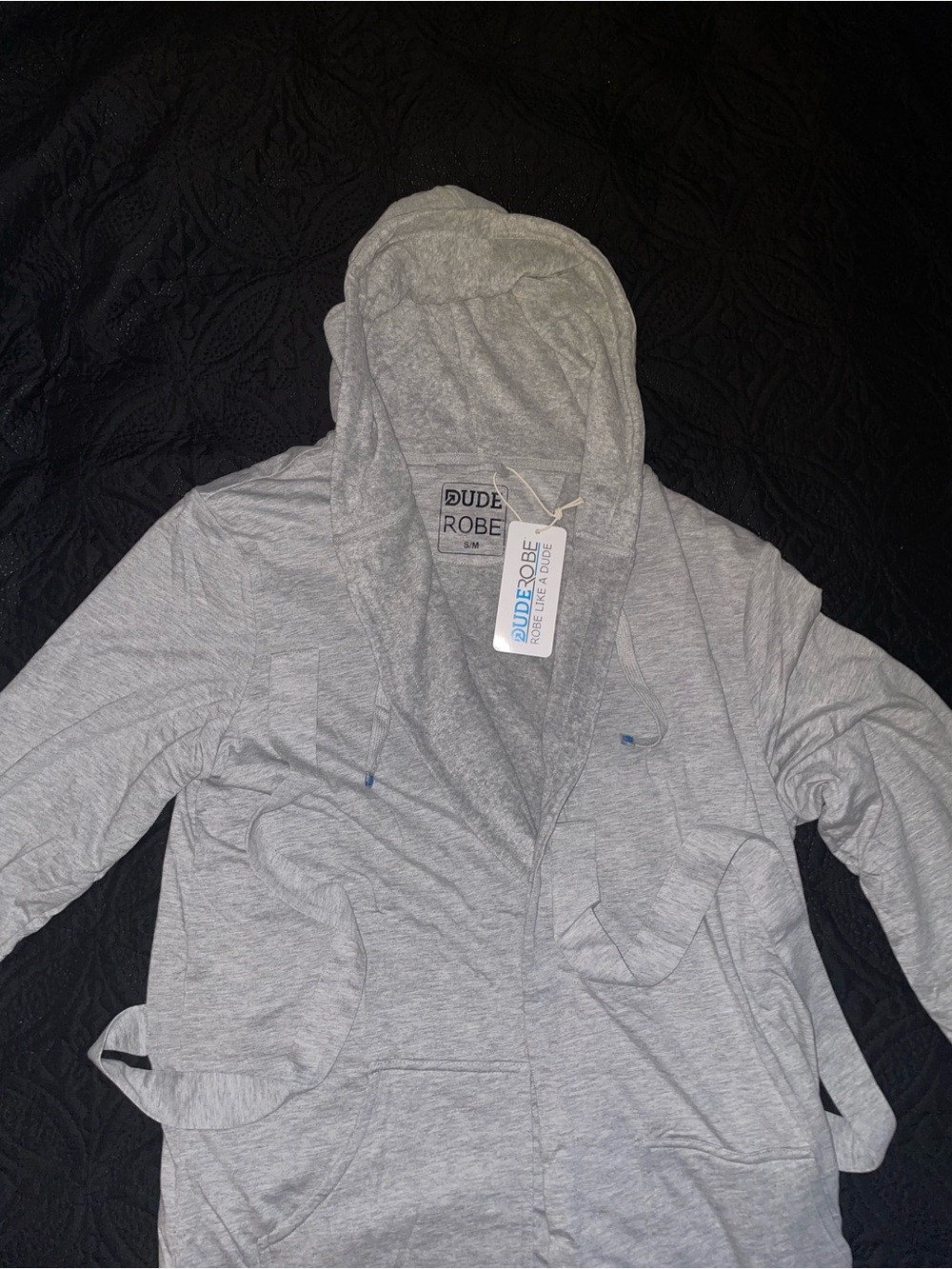 Men's Light Gray Hooded Plush Robe with Belt - Picture 5 of 11